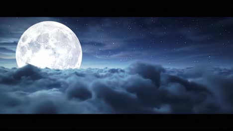 a glorious night sky featuring a radiant full moon over a sea of soft clouds, illuminating the darkened horizon and starry atmosphere