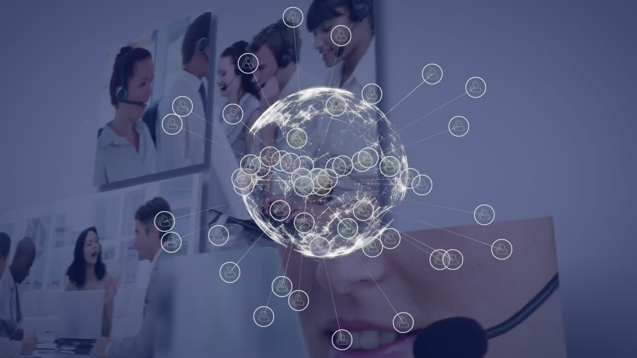 анимация глобуса над деловыми людьми, использующими телефонные наушники