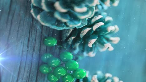 Animation-Von-Lichtspuren-Und-Schnee,-Der-über-Weihnachtsdekorationen-Auf-Holzhintergrund-Fällt