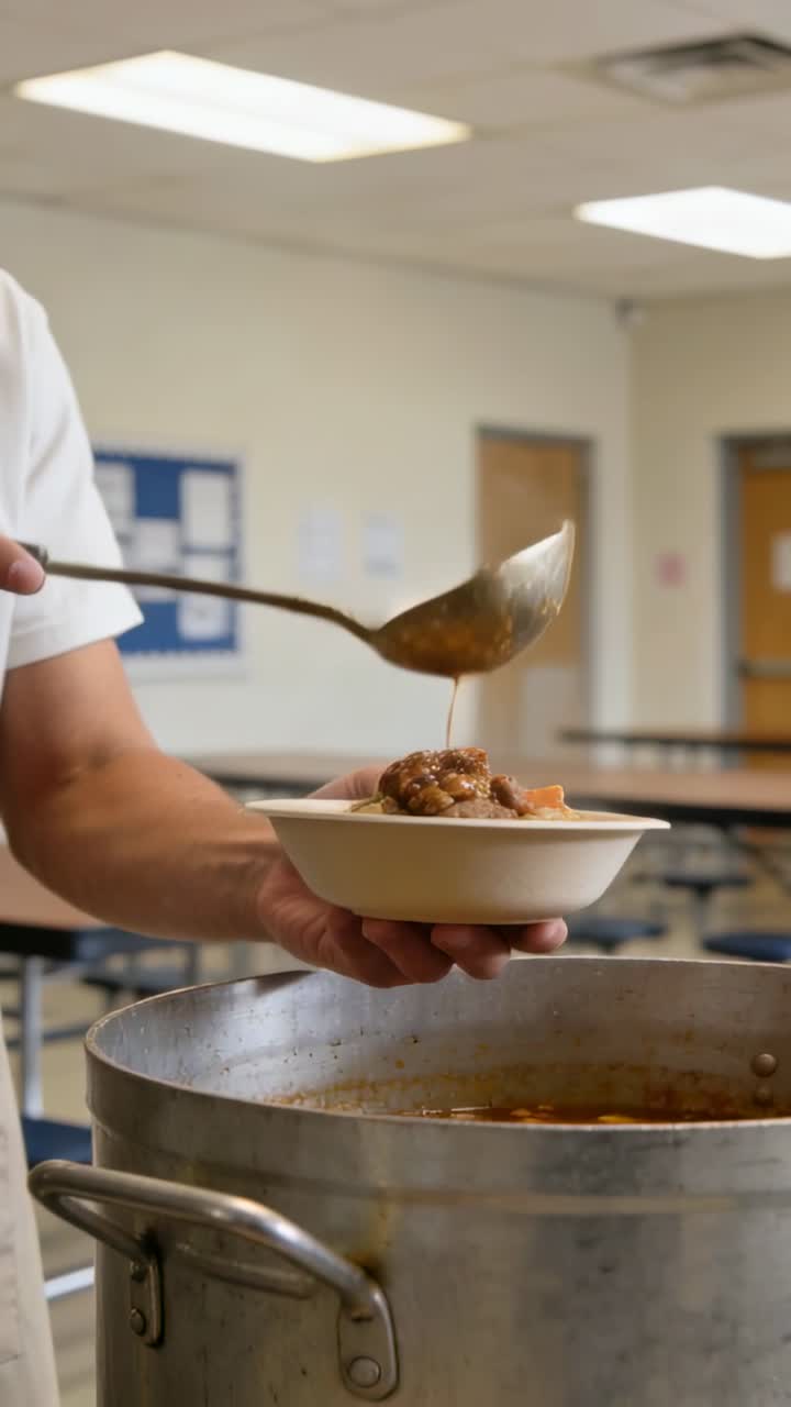 Vertical video: Service start, server in apron ladling stew into bowl and stirring pot at cafeteria