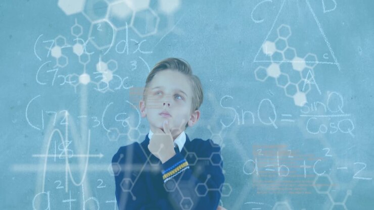 Animation af DNA-strengdiagrammer og databehandling over kaukasisk skoledreng ved tavle