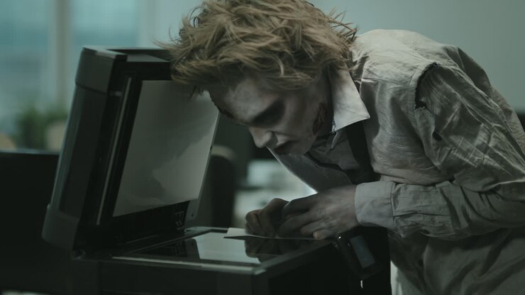 Grunting Zombie Businessman Using Copier