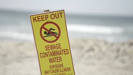 Manténgase-Alejado-Del-Agua-Contaminada-Con-Aguas-Residuales,-Tenga-Cuidado-Con-El-Letrero-En-La-Playa-Imperial-De-California,-El-Día-Soleado,-Cierre-A-Cámara-Lenta