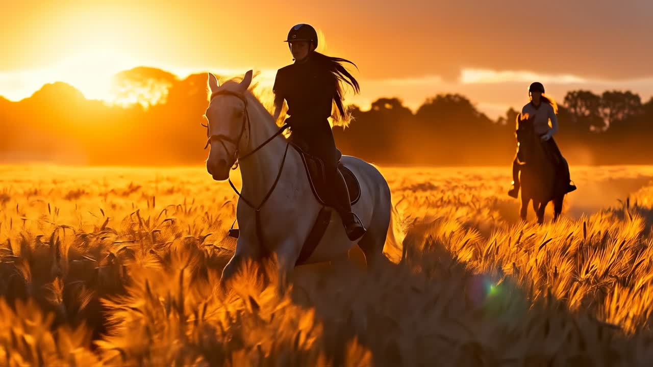 Cavalieri a cavallo al tramonto in un campo. Due persone cavalcano attraverso un campo dorato durante il tramonto.