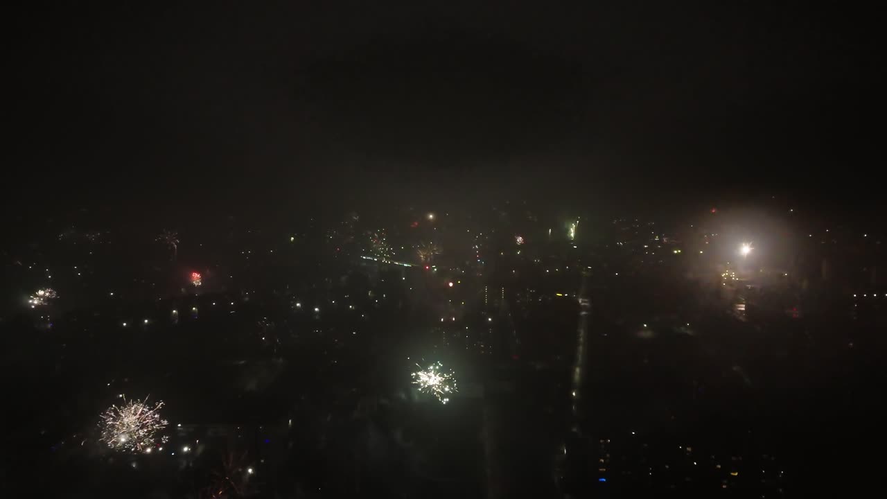 Many fireworks over the city of Kaunas on new year´s eve. Aerial