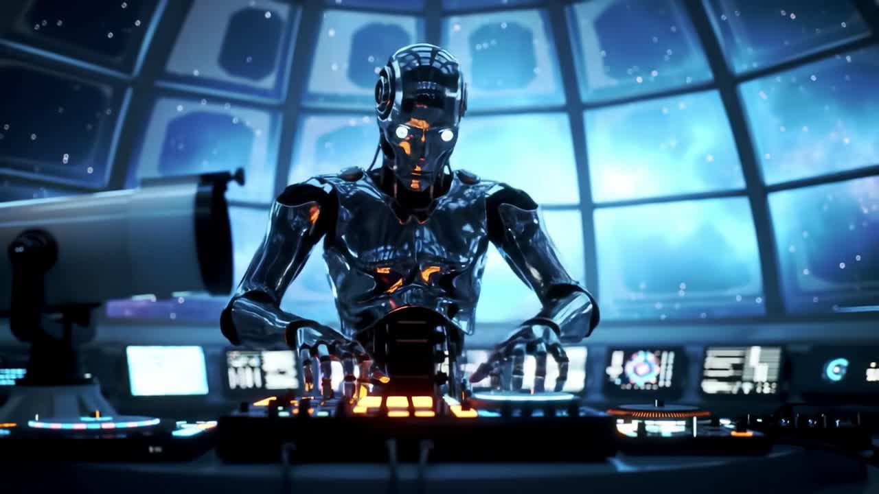 A highly advanced robot DJ mixes tunes in a visually stunning space environment.
