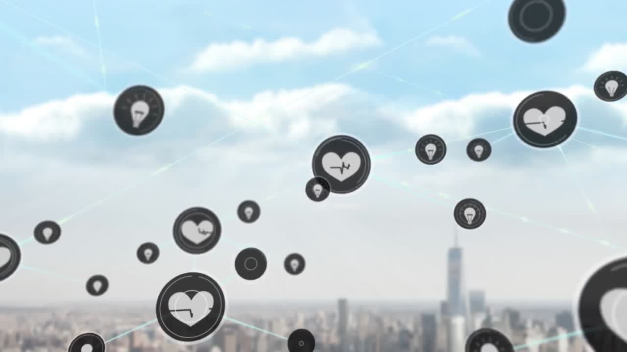 도시 풍경 위의 아이콘으로 연결된 네트워크의 애니메이션