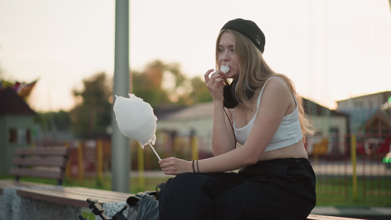 studente caucasico su panchina, zucchero filato al tramonto, fiera, cuffie intorno al collo, luci lontane della giostra, sedili vuoti, lento morso di zucchero filato, atmosfera urbana nostalgica, inquadratura cinematografica