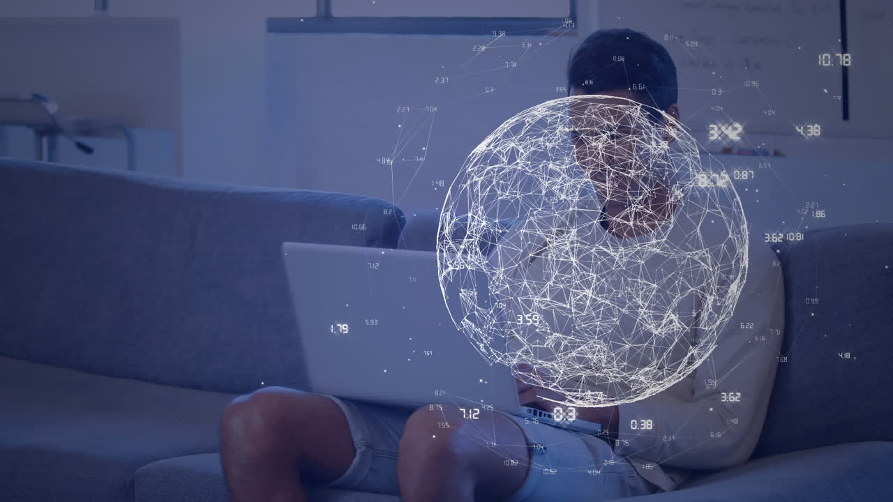animación del globo con conexiones y procesamiento de datos sobre el hombre caucásico usando portátil