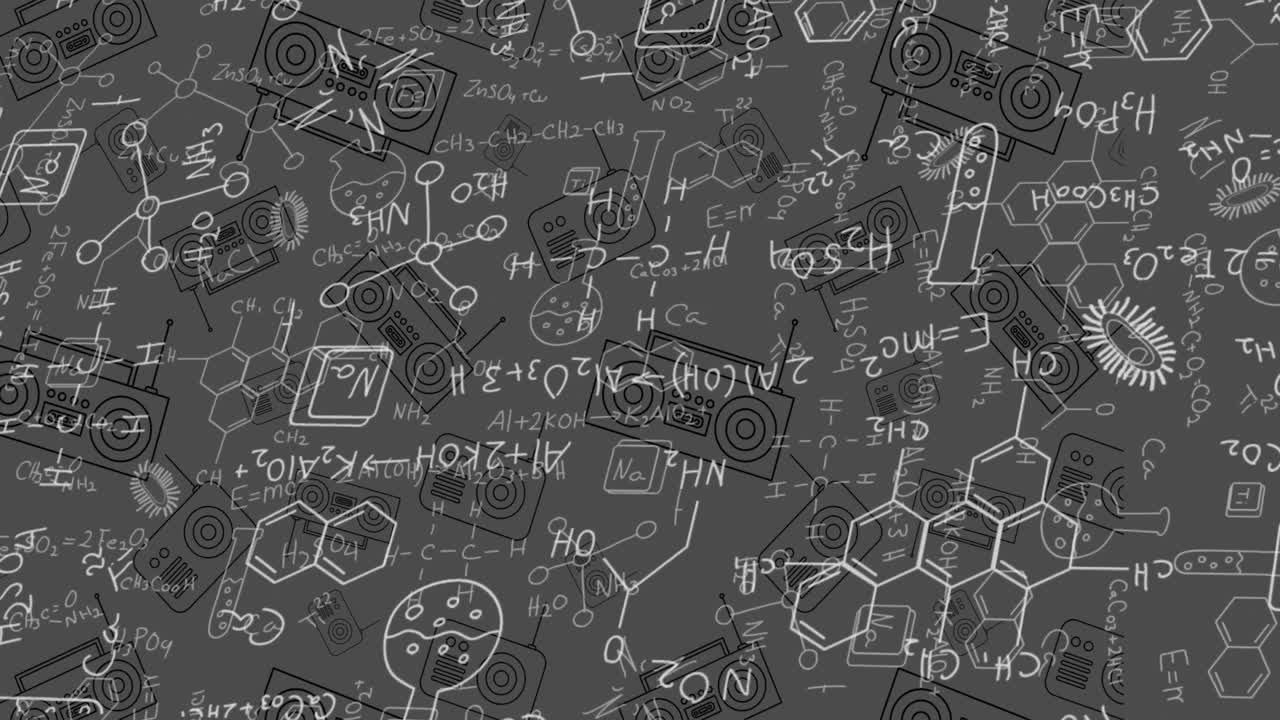 회색 배경의 박스 아이콘에 대한 과학 방정식과 과학 개념 아이콘의 애니메이션