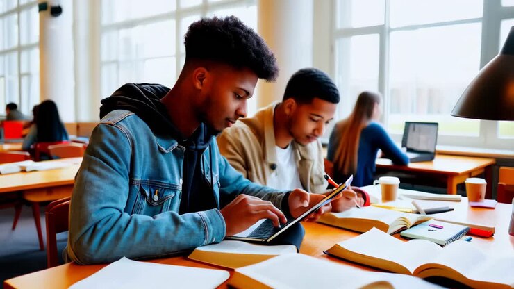 Giovane afroamericano che studia nella biblioteca universitaria