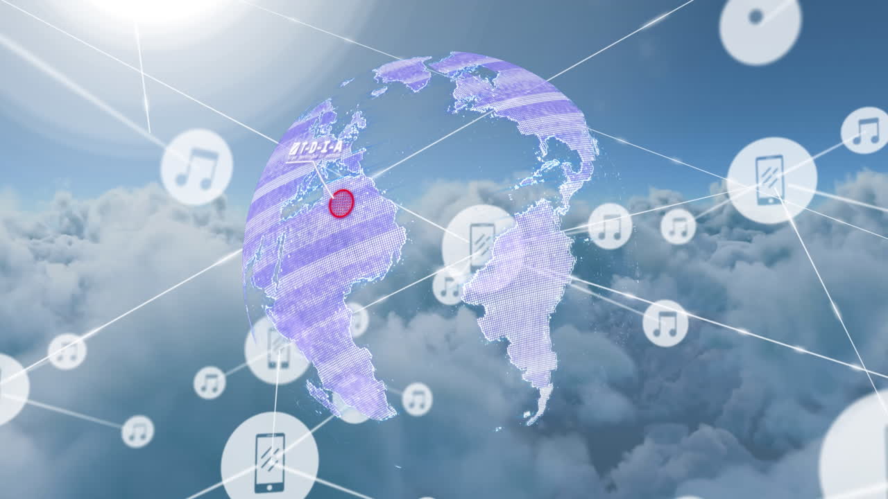 밀집된 구름에 대한 연결된 아이콘 위에 미사일과 지구상의 원의 애니메이션