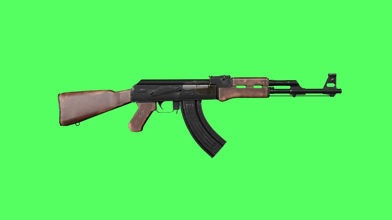 real russian machine gun ak 47 rotating on a green chroma key background. concept of defense, 3d animation