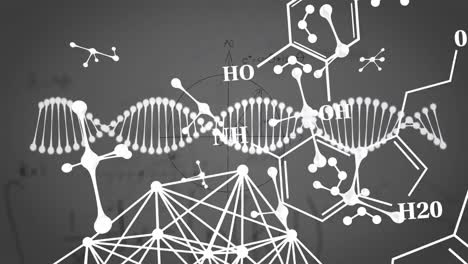 Animation-Eines-DNA-Strangs,-Der-Sich-über-Chemische-Und-Mathematische-Formeln-Dreht