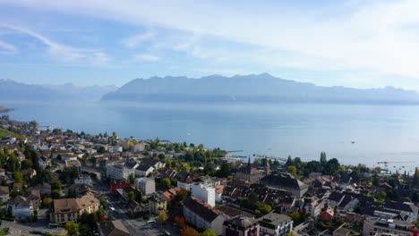 aerial overview of pully town center and lake leman in the canton of vaud in switzerland