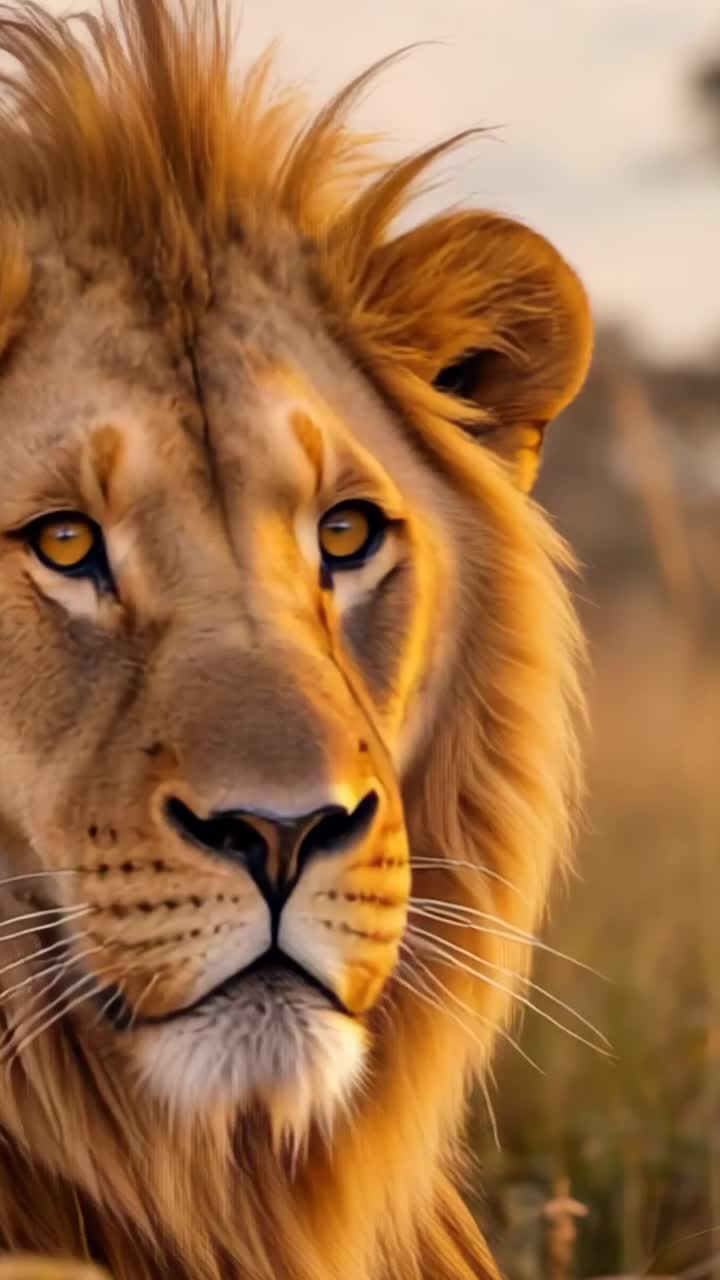 Vertical video: Sensing breeze, lion pivoting head toward camera in savannah, amid tall grass