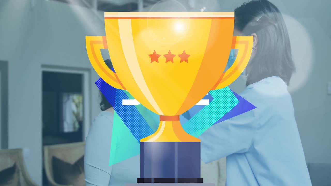 animación de texto de venta y copa de oro sobre enfermera biracial con paciente femenina.