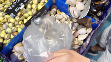 customer scooping clams into a plastic bag