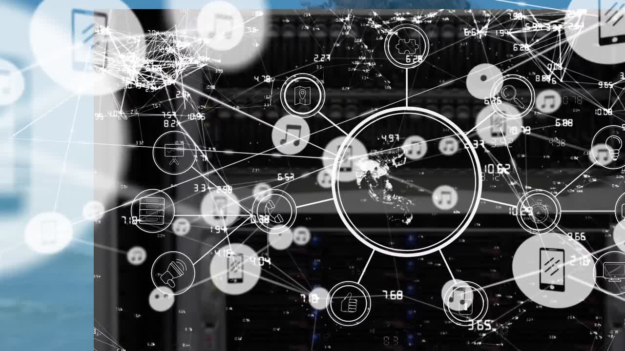 animación del globo y la red de conexiones a través de la sala de servidores