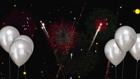 Animation-of-silver-balloons-with-fireworks-on-black-background