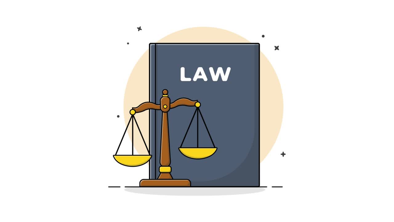 Animazione di libro di legge e bilancia della giustizia