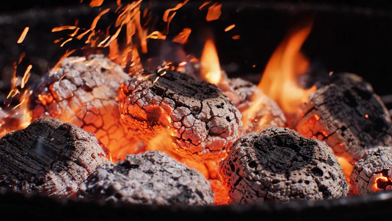 Transformação da Brasa: A Jornada Intensa do Carvão Acendendo em Chamas Vibrantes com Calor Incandescente e Aroma Defumado em um Cenário Aconchegante de Fogueira