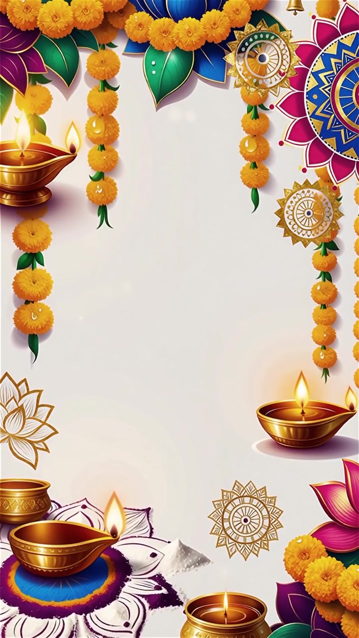 Sfondo Diwali con Diyas luminosi, Rangoli e fiori di loto