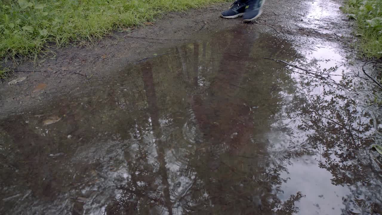 Person walking through a puddle on a forest path
