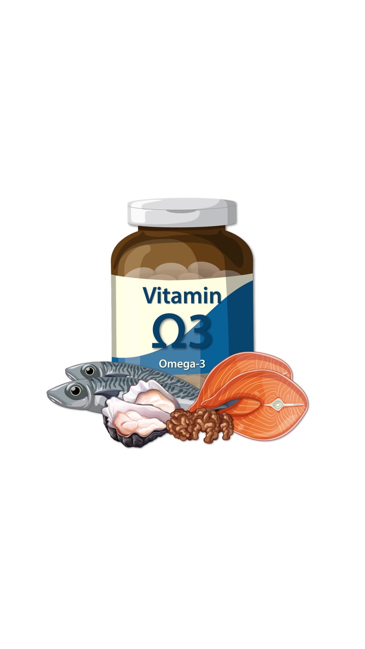Flacone di integratore Omega-3 con pesce, salmone, noci e ostriche su sfondo bianco pulito, transizioni fluide