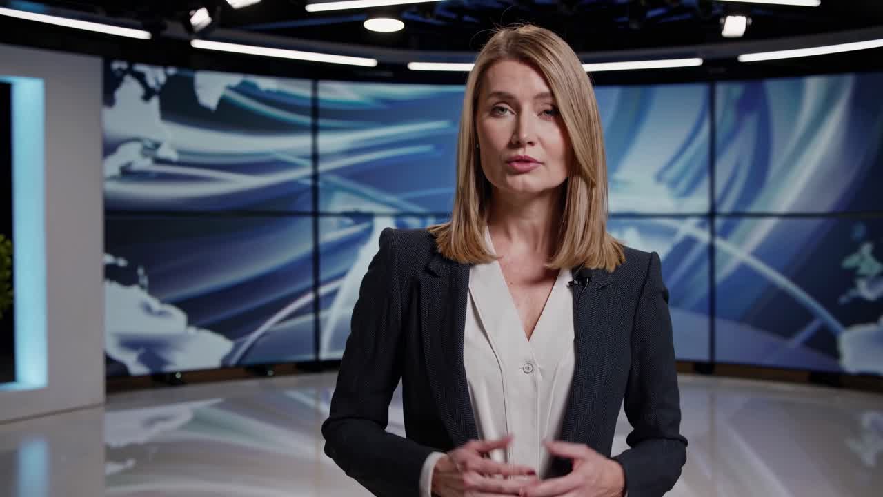 A professional woman stands in a modern studio with a digital world map backdrop, shot