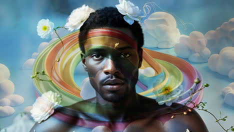 surreal portrait of a man amidst rainbow swirls and ethereal clouds