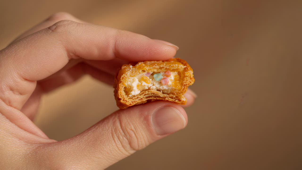 Displaying adult hand holding bitten pastry on studio backdrop, showing creamy filling with pastels