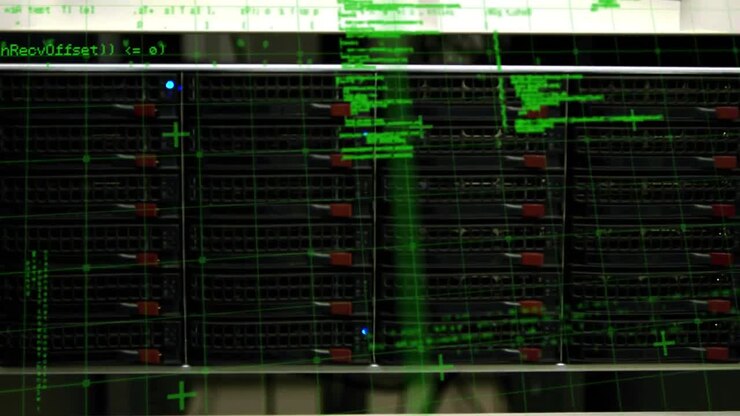 Animation of data processing over close up of computer server