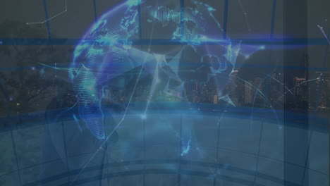 animation of globe with network of connections over office building