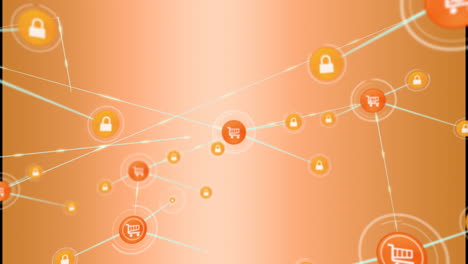 animación de una red de iconos digitales contra un fondo de gradiente naranja.