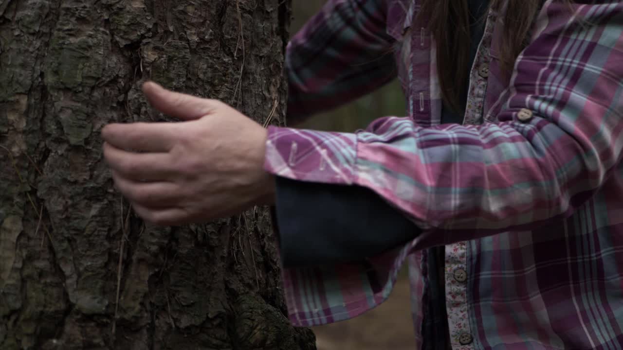 Woman hugging a tree in forest medium shot