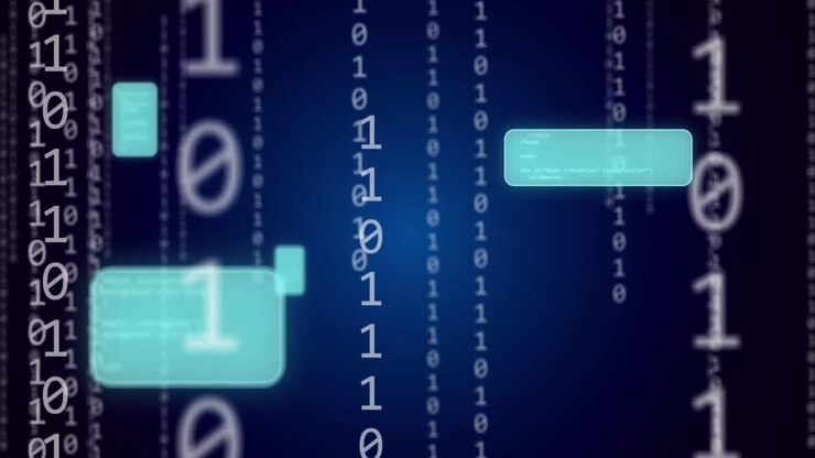 Animation of binary coding and data processing over blue background