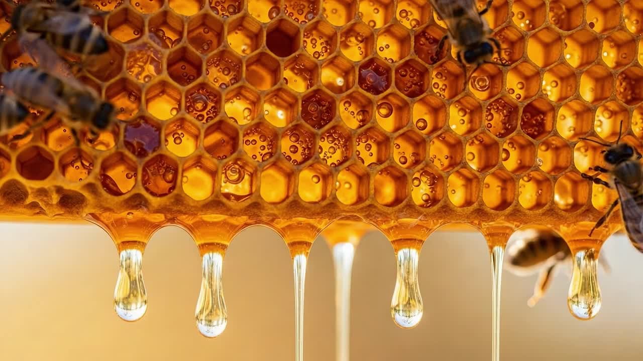 L'intricata danza delle api: una vista ravvicinata di un glorioso favo, che mostra miele che cola e api indaffarate impegnate nel loro lavoro essenziale.