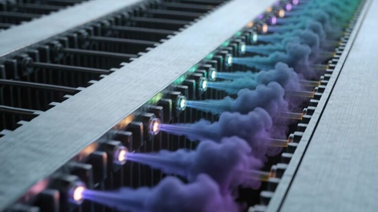 Sending pulses, nozzle array emitting colored vapor plumes in machine casing with LED rings to test