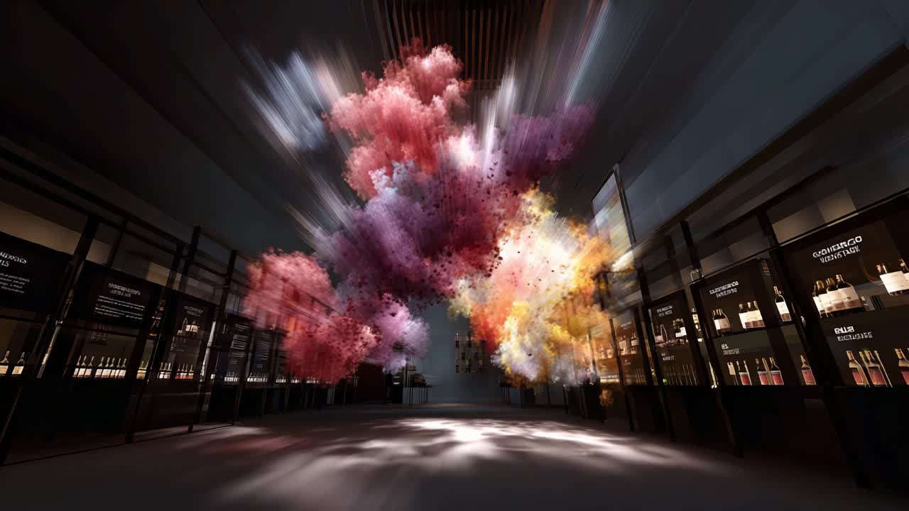 Explosive Colorful Installations: A Stunning Display of Art and Light With Vibrant Clouds of Color in a Modern Space That Captivates the Imagination and Stimulates the Senses