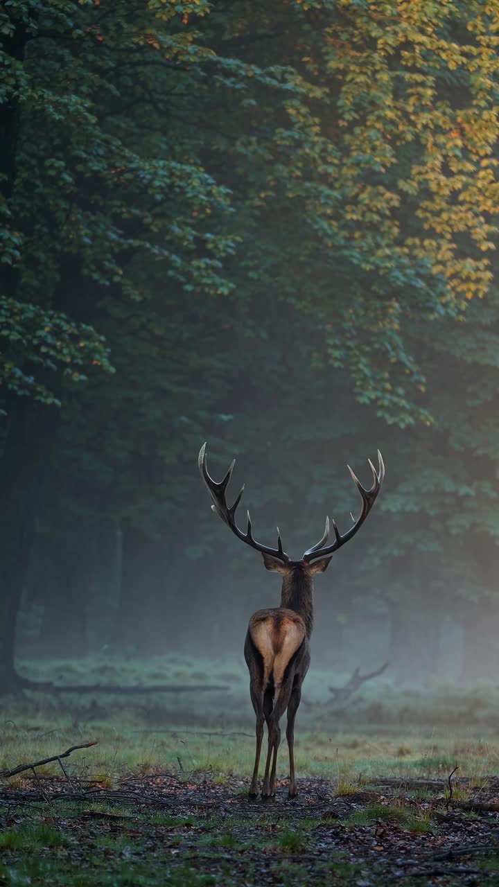 A majestic deer stands in a misty forest, captured from a low-angle, creating a serene, cinematic