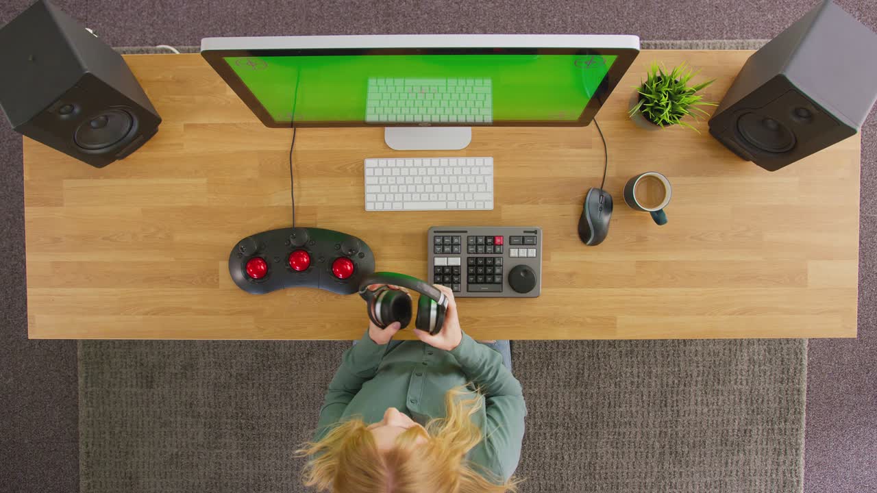 Overhead view of female video editor putting on wireless headphones and working at computer with green screen in creative office - shot in slow motion