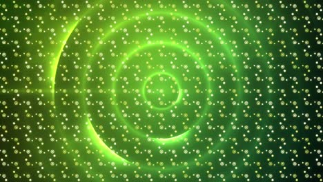 Digitale-Animation-Eines-Abstrakten-Musterdesigns-Vor-Grünen-Spiralförmigen-Lichtspuren-Auf-Schwarzem-Hintergrund