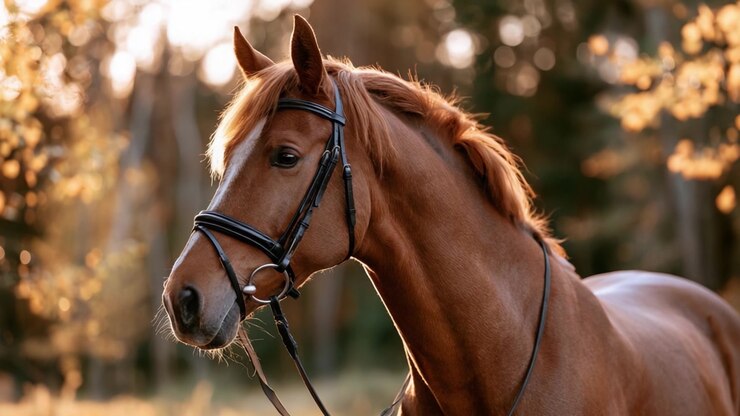 Majestic Horse Portrait in Autumn Setting: Capturing the Grace and Beauty of an Equine Companion Surrounded by Nature's Warm Colors