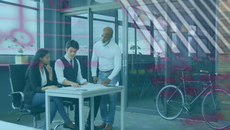 animation of financial graphs over diverse woman and men working together in office