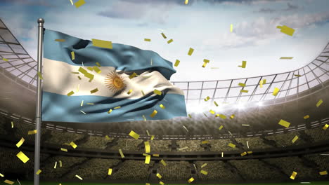 animation of golden confetti falling over waving argentina flag against sport stadium
