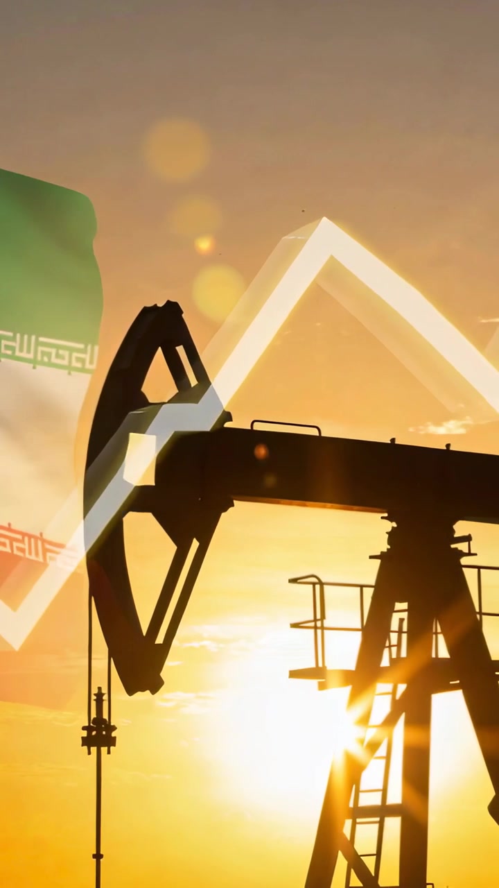 Vertical video: Pumpjack pumping at dusk, live graph tracking oil output while Iran flag waving