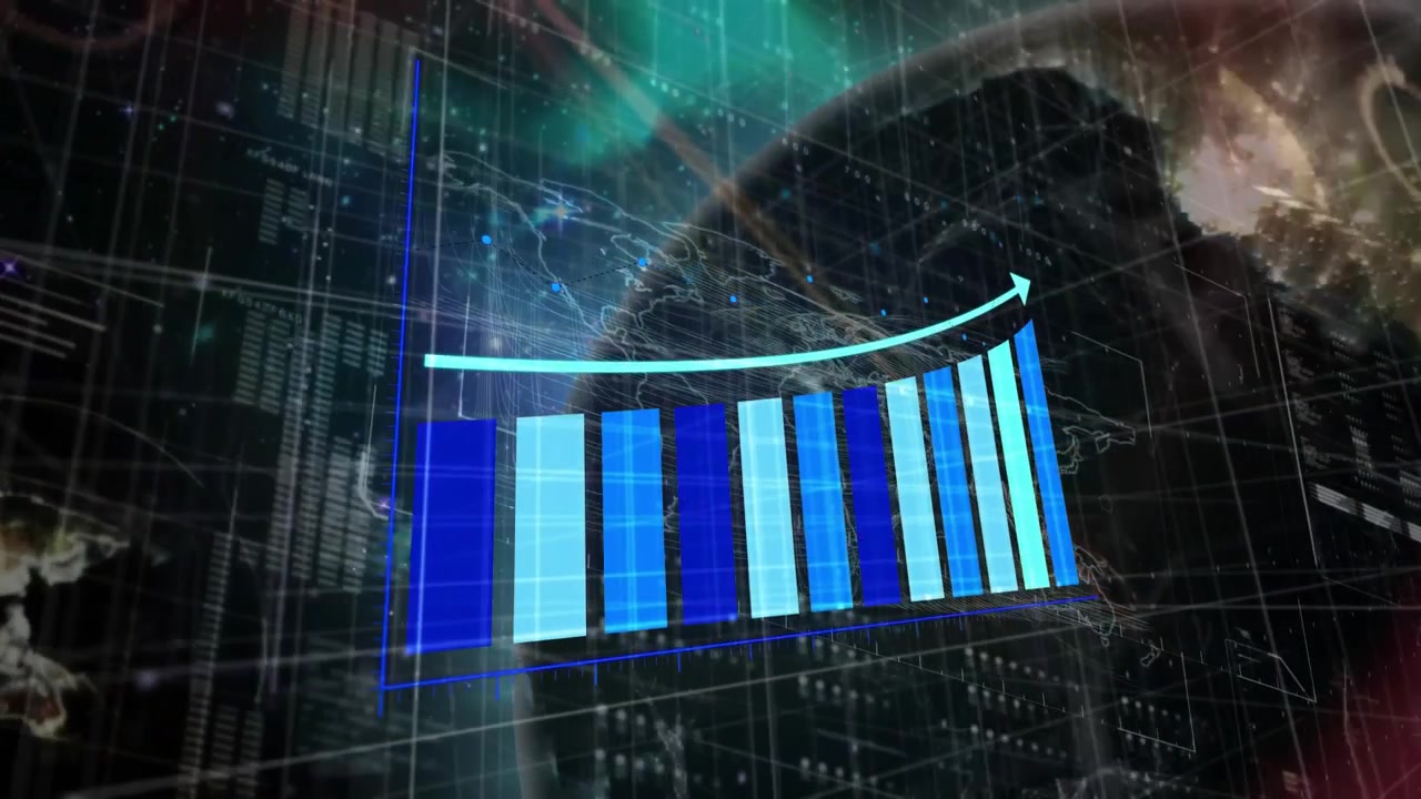 Wireframe Earth appearing while data bars filling blue and arrow sweeping upward for global growth