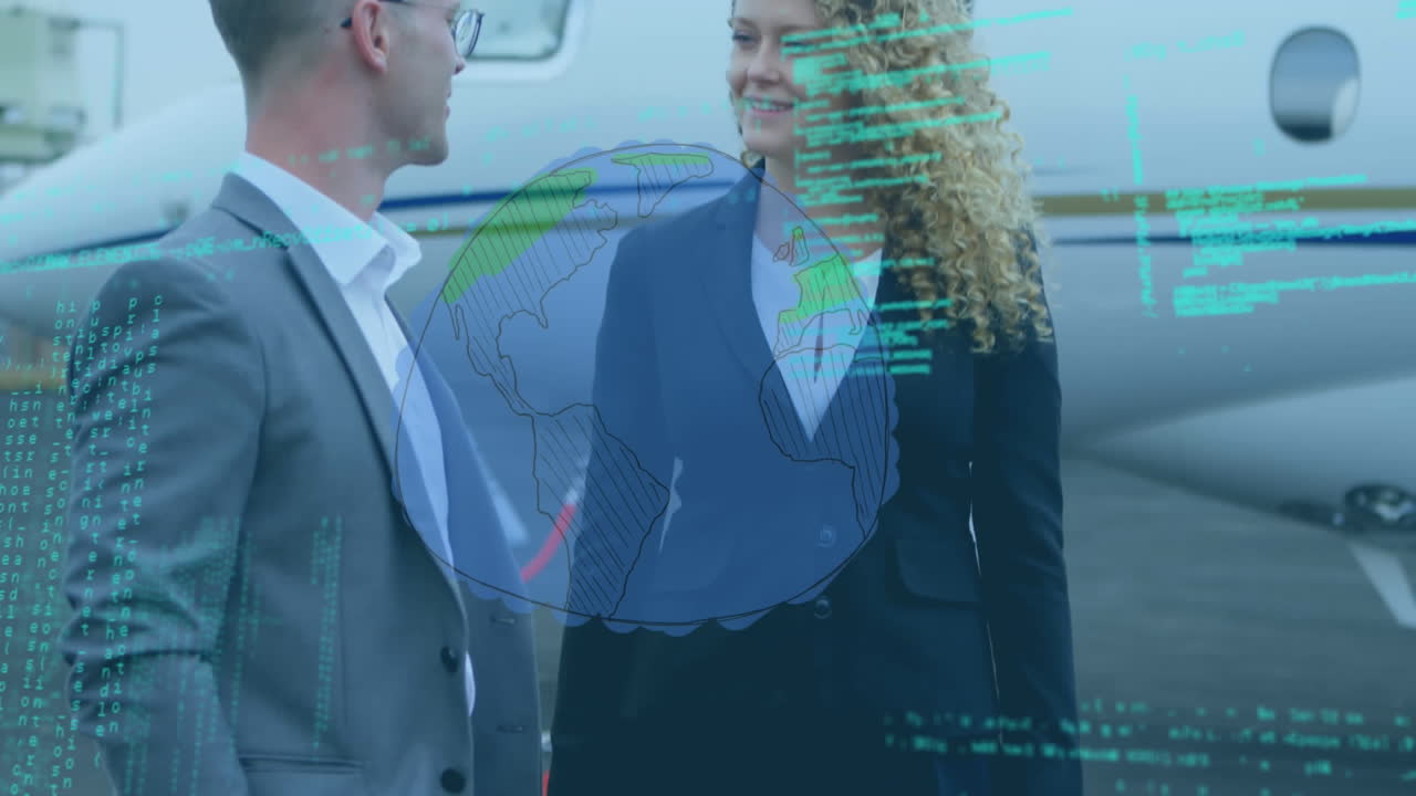 globo giratorio y procesamiento de datos sobre hombre de negocios y mujer de negocios hablando en la pista del aeropuerto