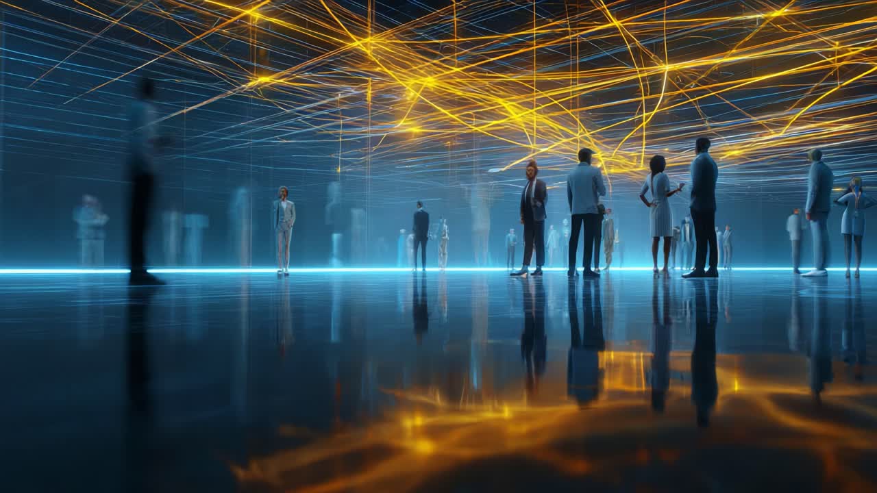 A Futuristic Gathering of Silhouetted Figures in a Glowing, Interconnected Digital Environment Emphasizing the Fusion of Technology and Human Interaction